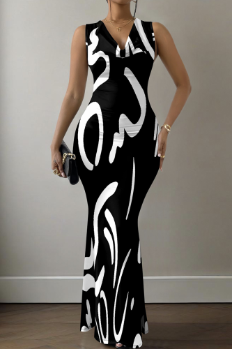 Black Elegant Print V Neck Long Dresses