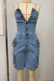 Blue Sexy Solid Color Pocket Buckle Strapless Skinny Rompers