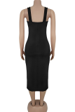 Black Sexy Solid Color Hollow Out Metal Accessories Trim High Slit Spaghetti Strap Wrapped Skirt Dresses
