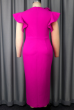 Rose Red Elegant Solid Color Flounce V Neck Long Dresses