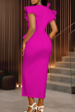 Rose Red Elegant Solid Color Flounce V Neck Long Dresses