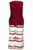 Burgundy Casual Print Metal Accessories Trim V Neck Plus Size Two Pieces