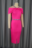 Rose Red Elegant Solid Color Hollow Out Hot Drill Zipper Spaghetti Strap Wrapped Skirt Dresses