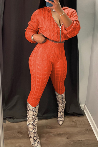 Orange Casual Solid Color Zipper Hooded Long Sleeve Two Pieces
