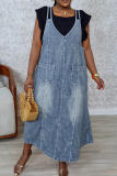 Blue Sexy Solid Color Pocket Spaghetti Strap Sleeveless Loose Denim Dresses