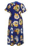 Deep Blue Elegant Print Strap Design Deep V Neck Long Plus Size Dresses