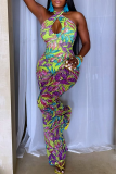 Green Casual Print Hollow Out Backless Halter Regular Jumpsuits
