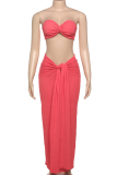 Pink Sexy Solid Color Ruched Strapless Sleeveless Two Pieces
