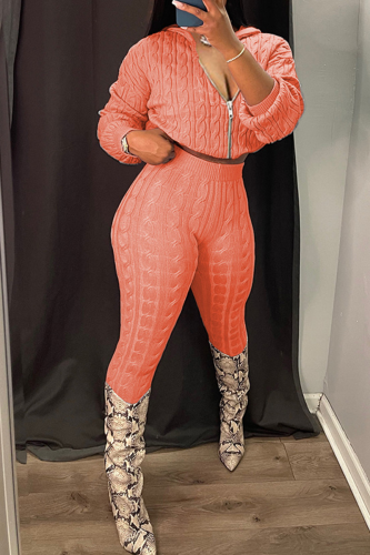 Pink Casual Solid Color Zipper Hooded Long Sleeve Two Pieces