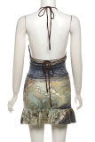 Colour Sexy Print Backless Halter Sleeveless Two Pieces