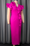 Rose Red Elegant Solid Color Flounce V Neck Long Dresses
