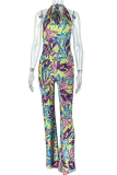 Green Casual Print Hollow Out Backless Halter Regular Jumpsuits