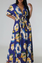 Deep Blue Elegant Print Strap Design Deep V Neck Long Plus Size Dresses