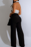 Black Casual Solid Color Backless Turndown Collar Regular Jumpsuits