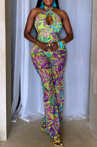 Green Casual Print Hollow Out Backless Halter Regular Jumpsuits