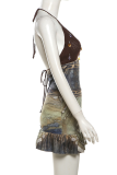 Colour Sexy Print Backless Halter Sleeveless Two Pieces