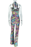 Green Casual Print Hollow Out Backless Halter Regular Jumpsuits