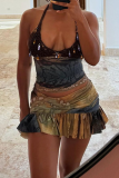 Colour Sexy Print Backless Halter Sleeveless Two Pieces