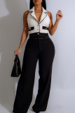 Black Casual Solid Color Backless Turndown Collar Regular Jumpsuits