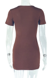Dark Brown Sexy Solid Color Slit O Neck Wrapped Skirt Dresses