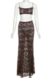 Coffee Sexy Solid Color Patchwork Spaghetti Strap Sleeveless Two Pieces