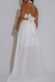 White Sexy Solid Color Hollow Out Halter Sleeveless Two Pieces