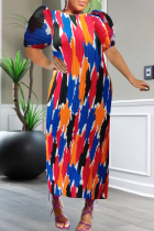 Colour Casual Print Pleated O Neck Long Dresses