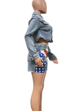 Blue Casual American Flag Buckle Turndown Collar Long Sleeve Two Pieces