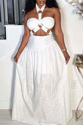 White Sexy Solid Color Hollow Out Halter Sleeveless Two Pieces