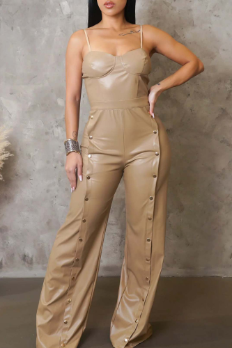 Khaki Sexy Solid Color Buckle Spaghetti Strap Loose Jumpsuits