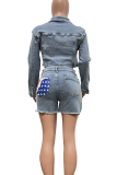 Blue Casual American Flag Buckle Turndown Collar Long Sleeve Two Pieces
