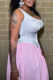 Pink Sexy Plaid Contrast U Neck Long Dresses
