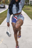 Blue Casual American Flag Buckle Turndown Collar Long Sleeve Two Pieces
