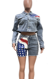 Blue Casual American Flag Buckle Turndown Collar Long Sleeve Two Pieces