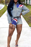 Blue Casual American Flag Buckle Turndown Collar Long Sleeve Two Pieces
