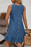 Deep Blue Casual Solid Color Buckle O Neck Sleeveless Loose Denim Dresses
