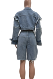 Blue Casual Solid Color Pocket Turndown Collar Long Sleeve Two Pieces