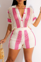 Pink Casual Buckle Contrast Turndown Collar Short Sleeve Two Pieces