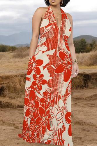 Red Casual Stripe Pocket Backless Halter Long Dresses
