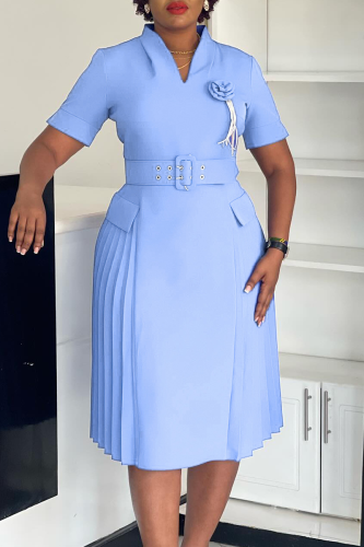 Sky Blue Elegant Solid Color With Belt Flower Shape V Neck Long Dresses