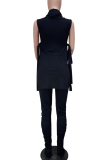 Red Casual Solid Color Slit Turtleneck Sleeveless Two Pieces
