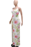 White Elegant Floral Print Sequins High Slit V Neck Long Dresses
