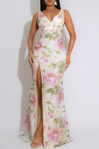 White Elegant Floral Print Sequins High Slit V Neck Long Dresses