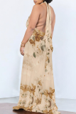 Light Green Casual Print Pocket Backless Halter Long Dresses
