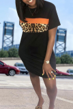 Black Casual Leopard Print Contrast O Neck Straight Dresses