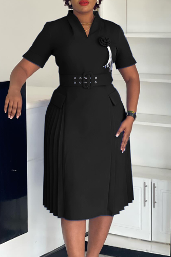 Black Elegant Solid Color With Belt Flower Shape V Neck Long Dresses