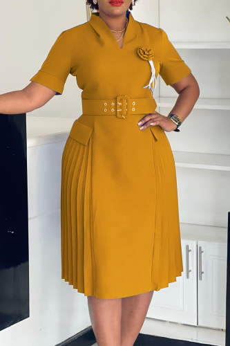 Earth Yellow Elegant Solid Color With Belt Flower Shape V Neck Long Dresses