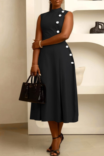 Black Casual Solid Color Basic Half A Turtleneck Sleeveless Dresses