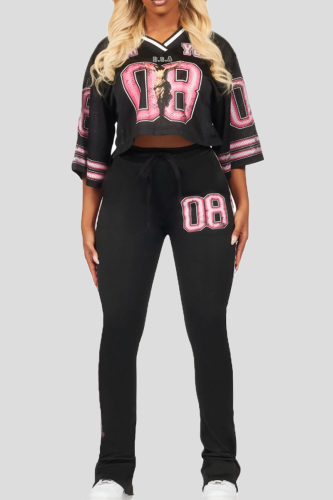 Black Casual Letters Contrast V Neck Long Sleeve Two Pieces