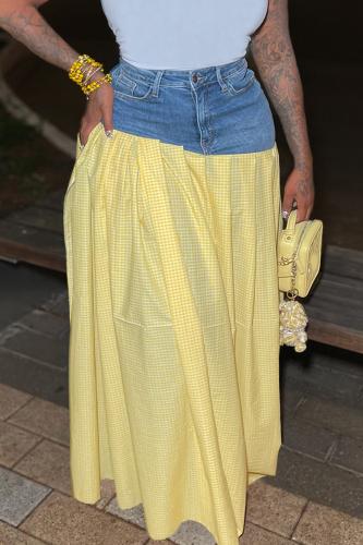 Yellow Casual Plaid High Slit Loose Mid Waist Patchwork Bottoms